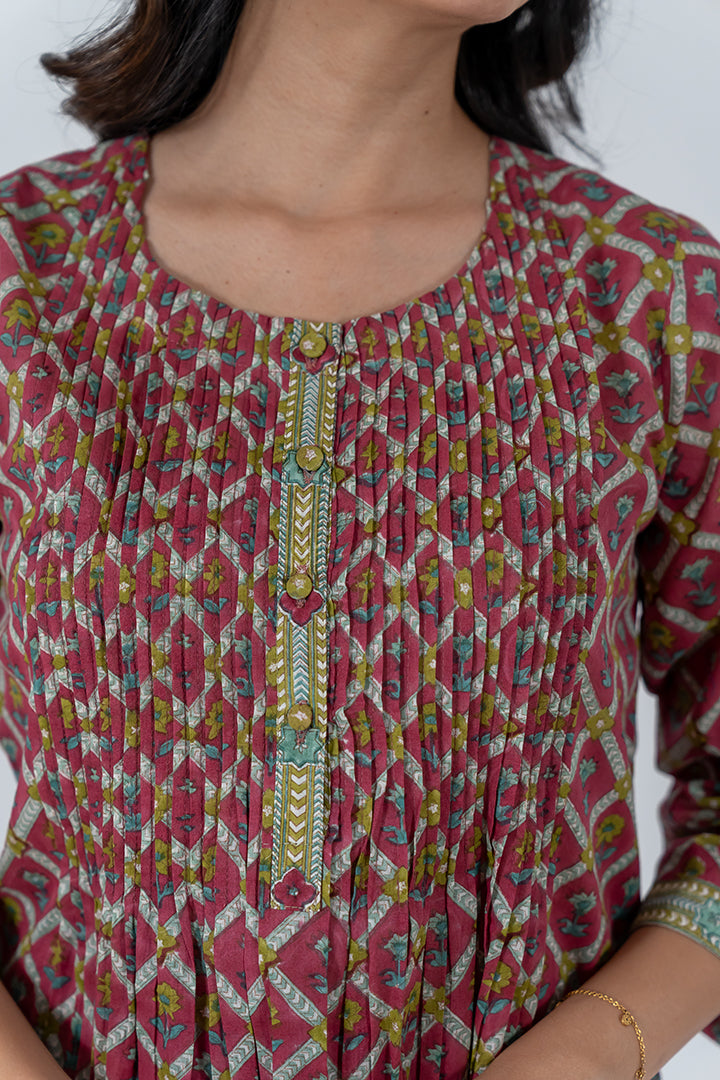 Cotton Hand Block Printed Kurta - Dark Pink