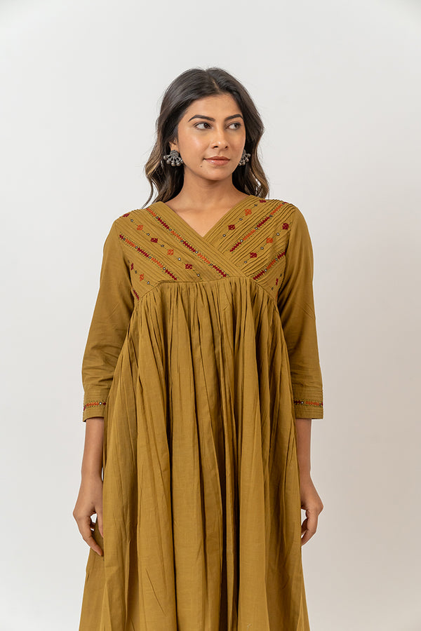 Cotton Hand Embroidered Dress - Olive Green