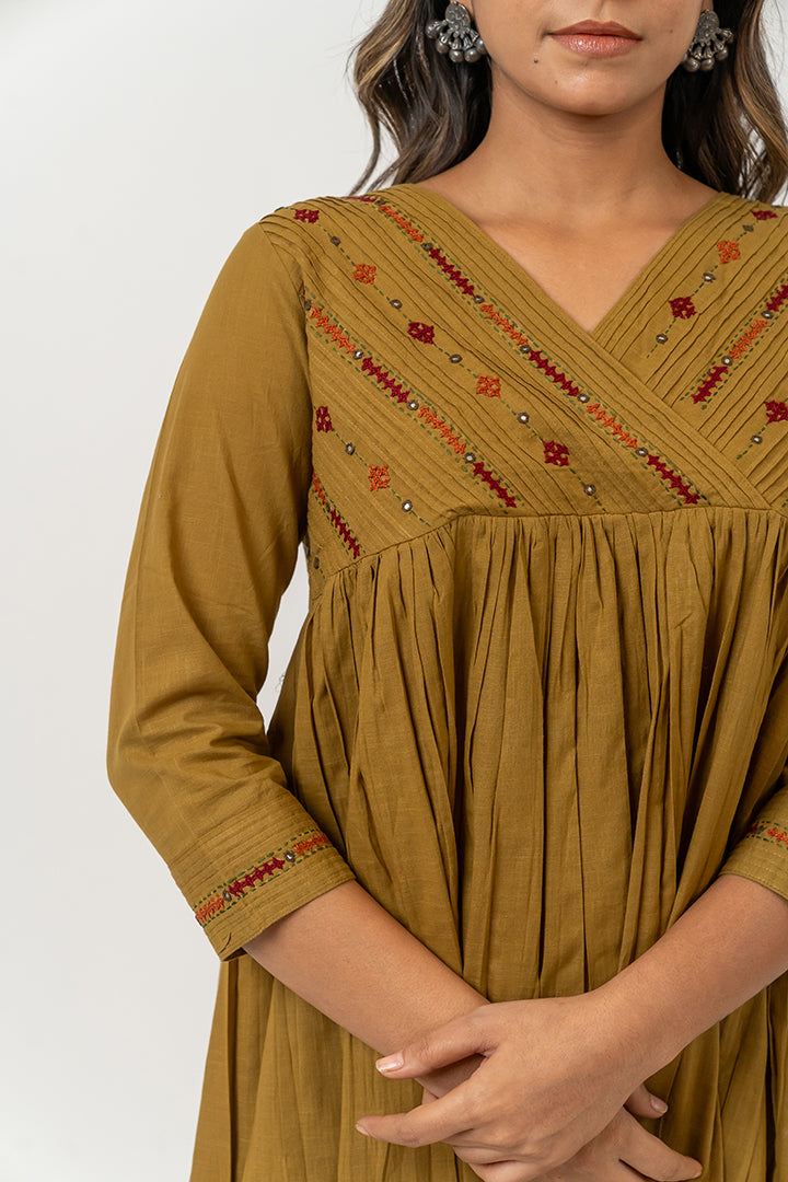 Cotton Hand Embroidered Dress - Olive Green