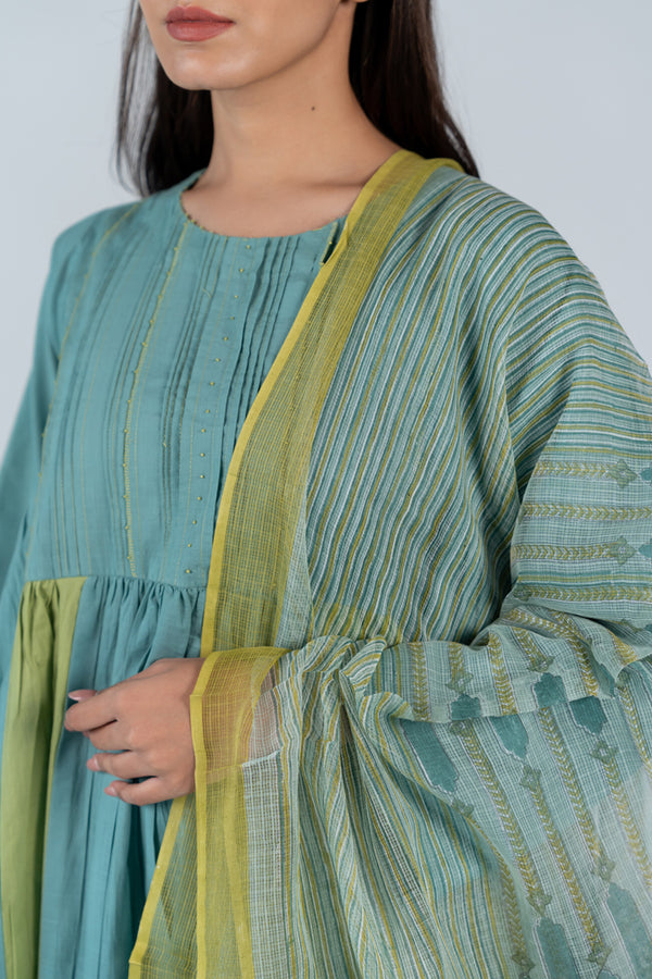 Cotton Kota Doria Hand Block Printed Dupatta - Green