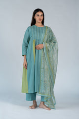 Cotton Kota Doria Hand Block Printed Dupatta - Green