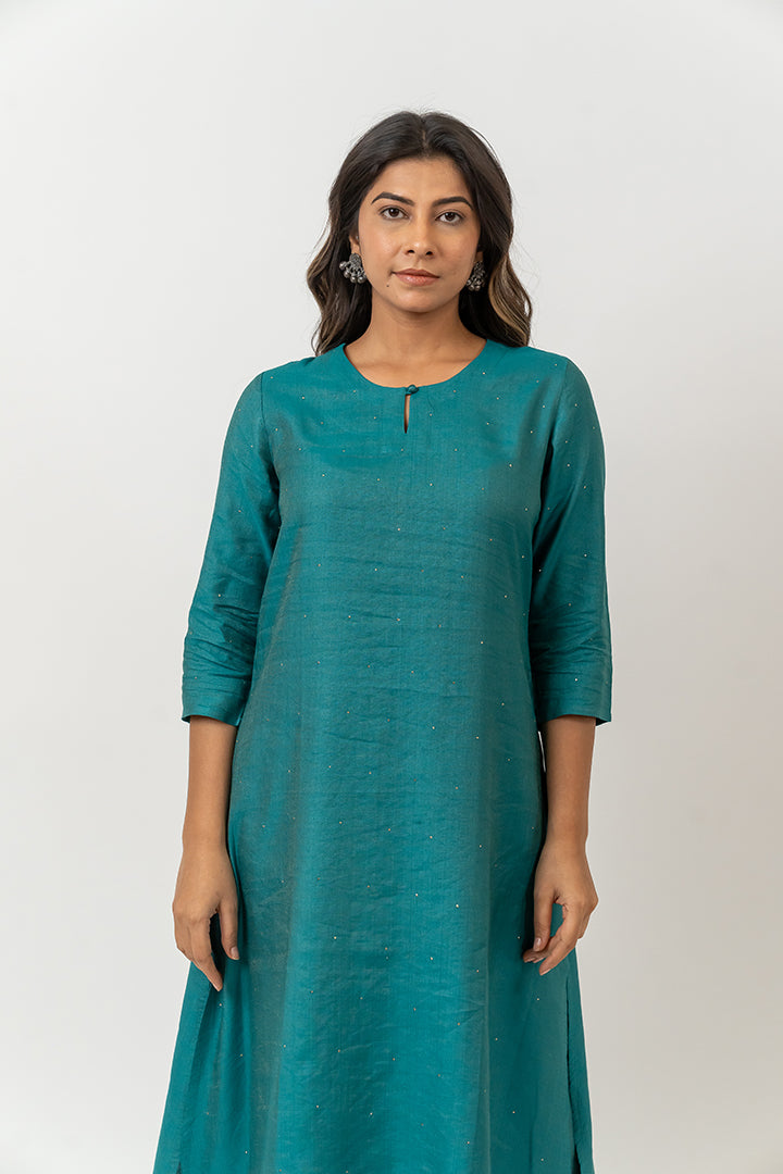 Cotton Tussar Round Neck Straight Kurta - Teal