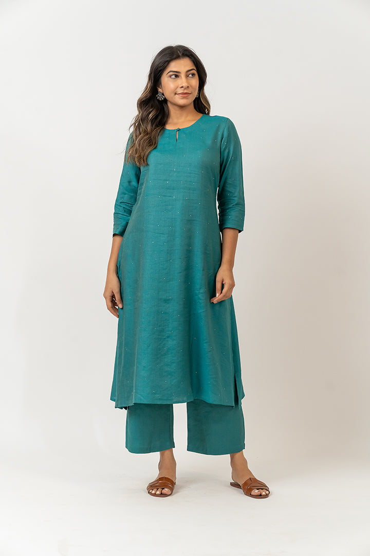 Cotton Tussar Parallel With Drawstring - Teal