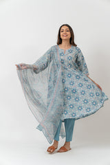 Cotton Hand Block Printed  Kurta - Slate Blue