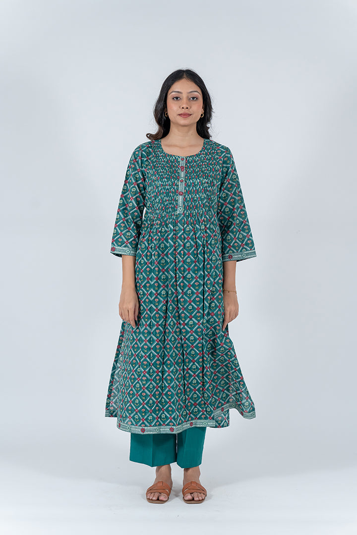 Cotton Hand Block Printed Kurta - Dark Green