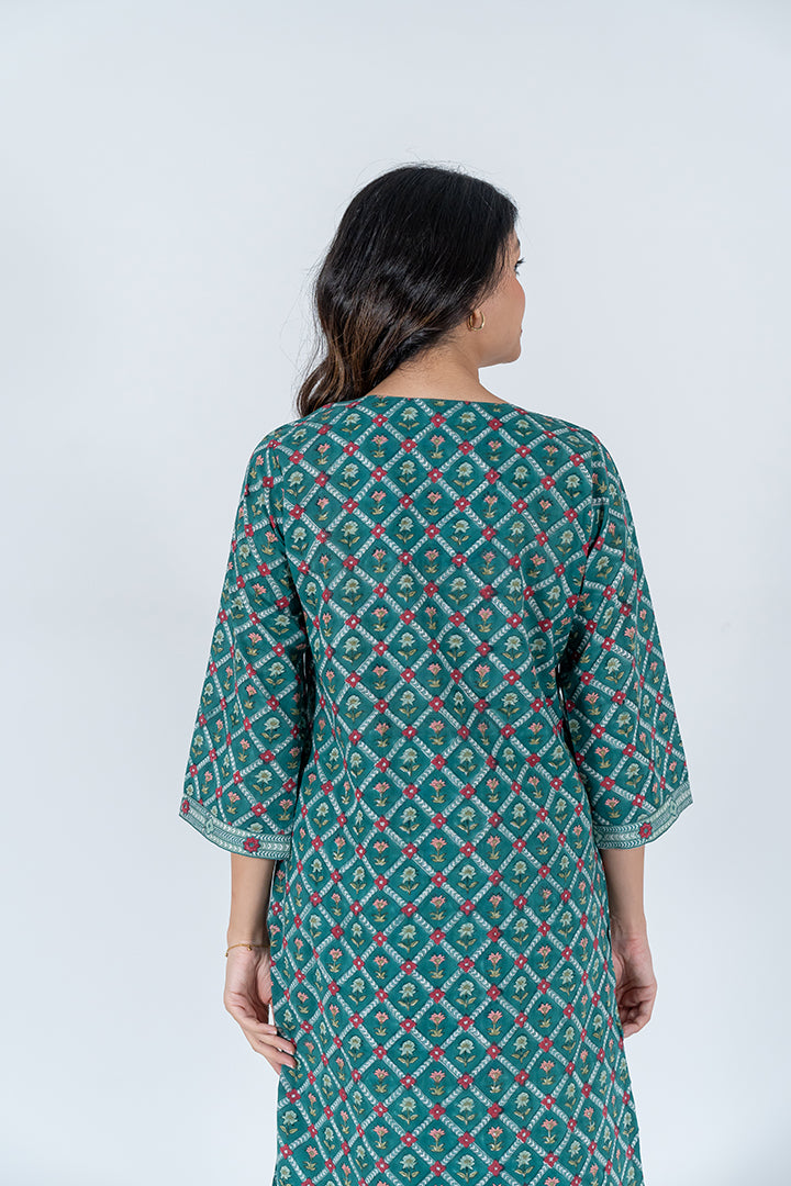 Cotton Hand Block Printed Kurta - Dark Green