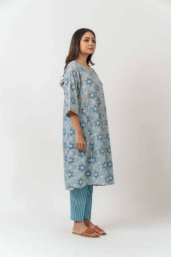 Cotton Hand Block Printed  Kurta - Slate Blue