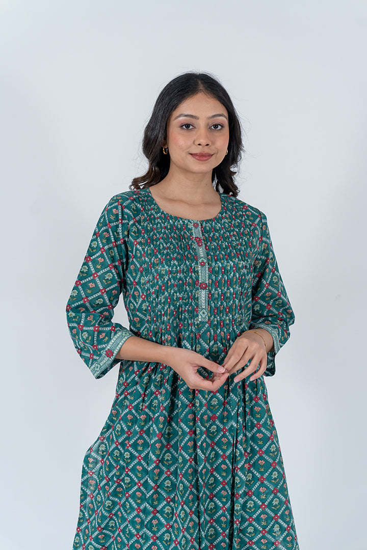 Cotton Hand Block Printed Kurta - Dark Green