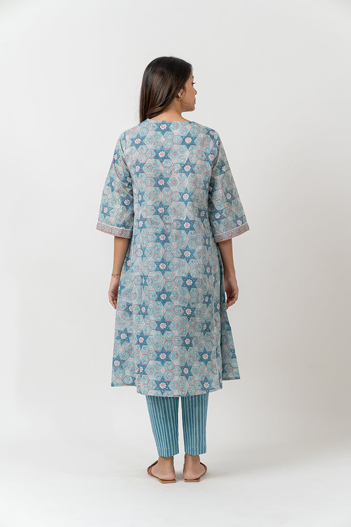 Cotton Hand Block Printed  Kurta - Slate Blue