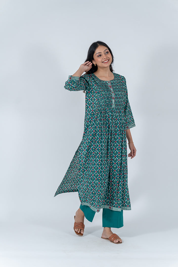 Cotton Hand Block Printed Kurta - Dark Green