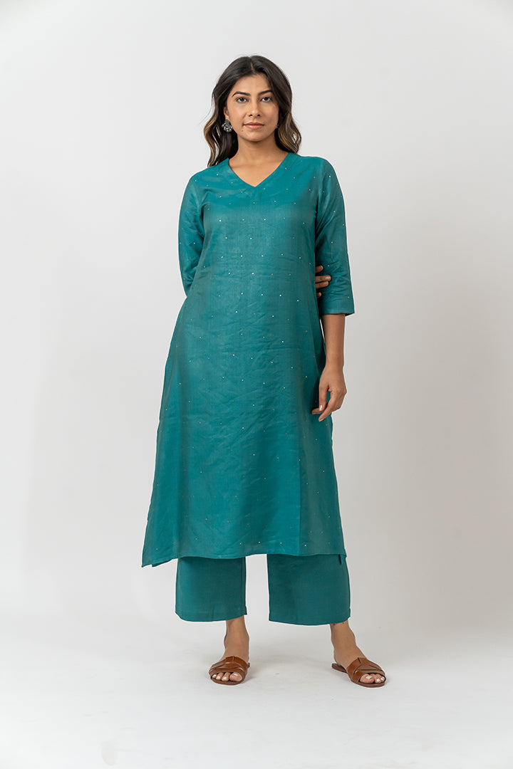 Cotton Tussar Parallel With Drawstring - Teal