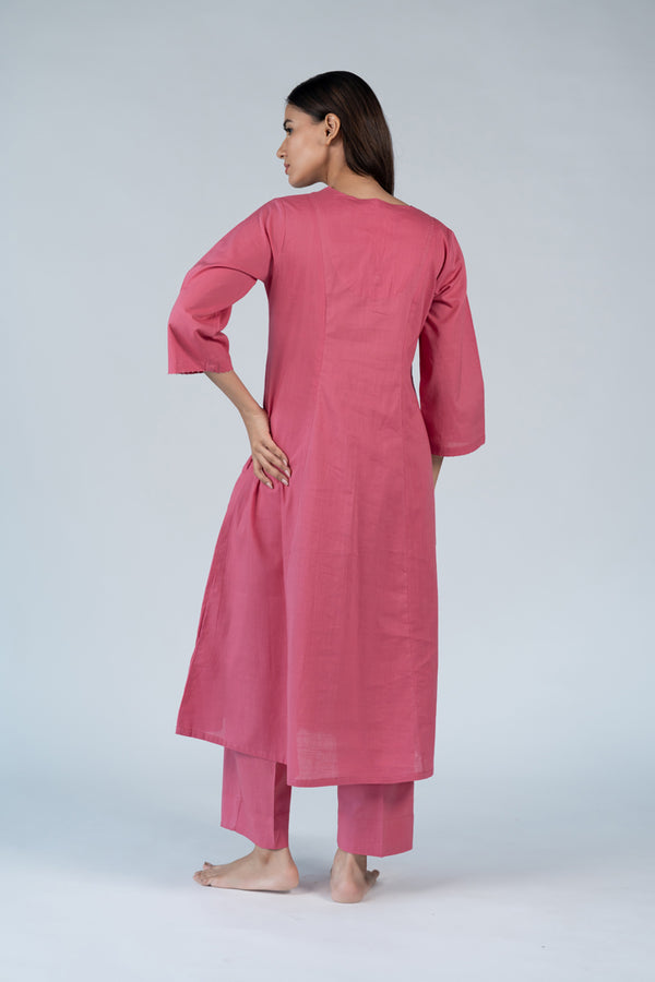 Cotton Hand Embroidery Kurta - Pink