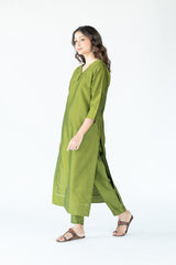 Chanderi V Neck Straight  Kurta- Olive Green