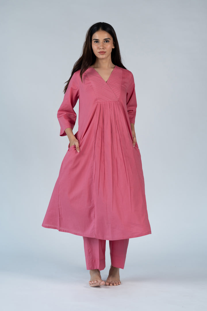 Cotton Hand Embroidery Kurta - Pink