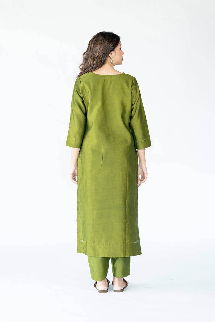 Chanderi V Neck Straight  Kurta- Olive Green