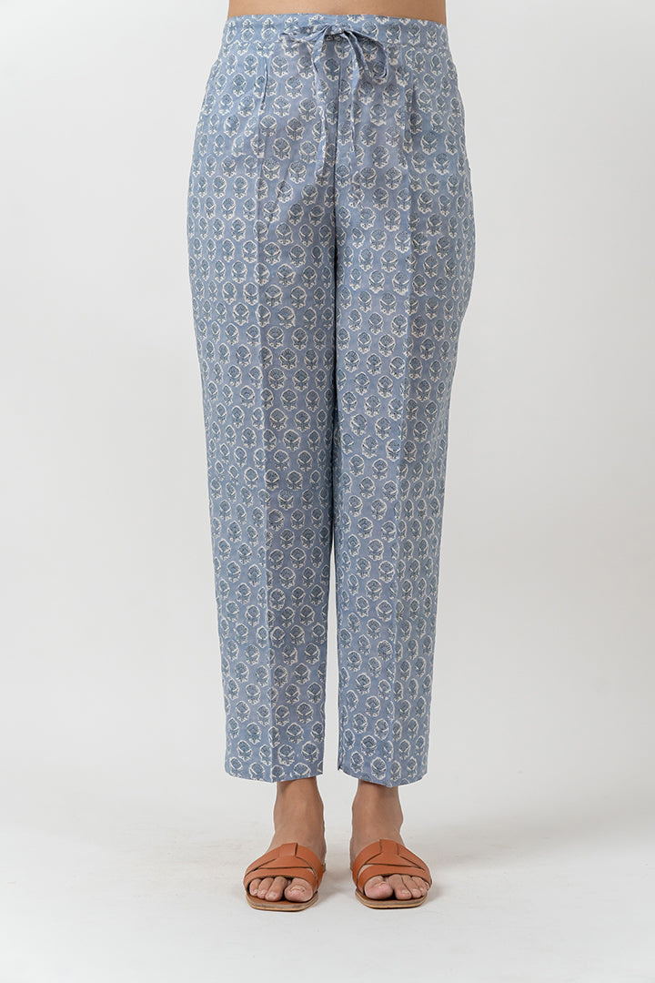 Cotton Hand Block Printed Straight Pant - Slate blue