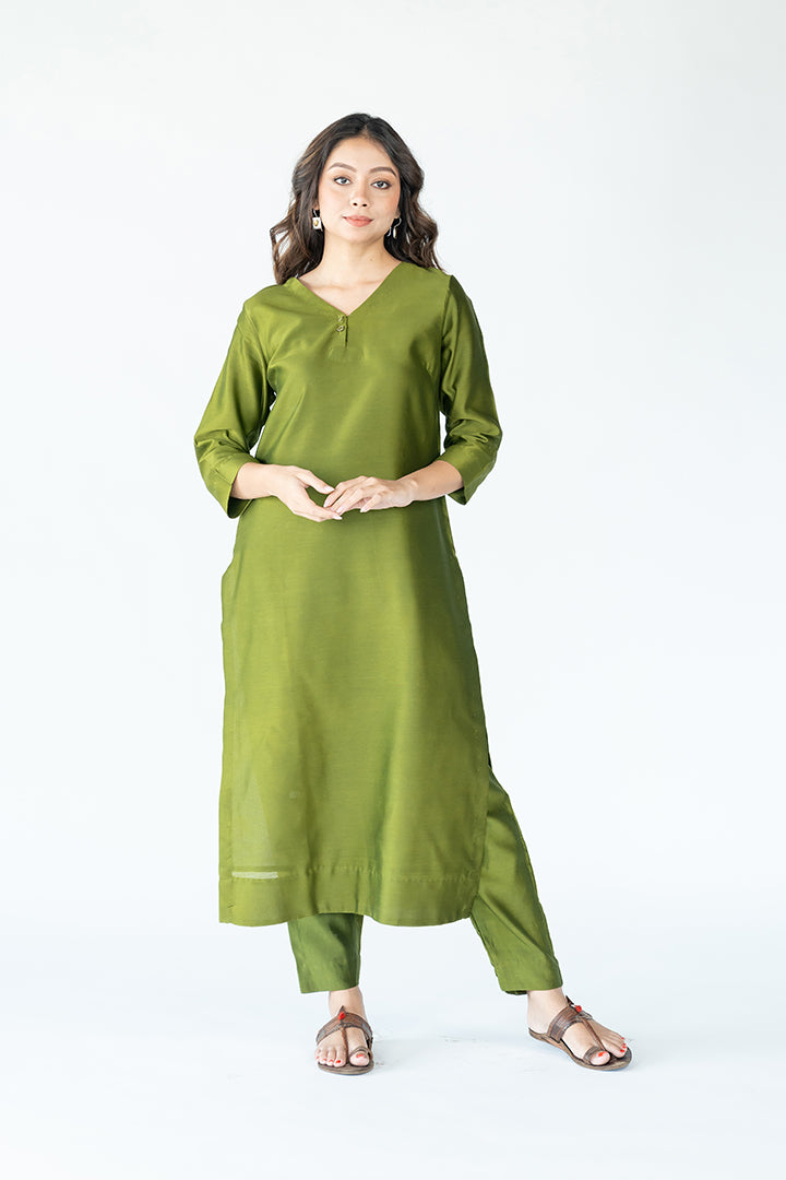 Chanderi V Neck Straight  Kurta- Olive Green