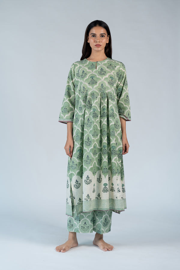Cotton Hand Block Printed Kurta - Green