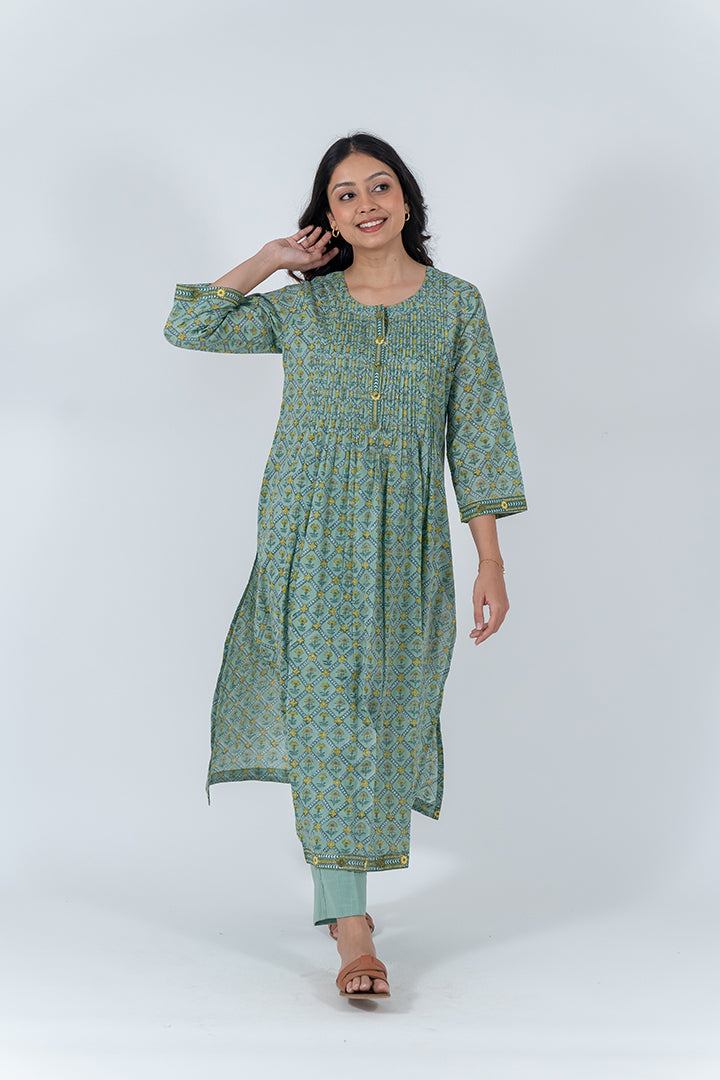 Cotton Hand Block Printed Kurta - Light Green