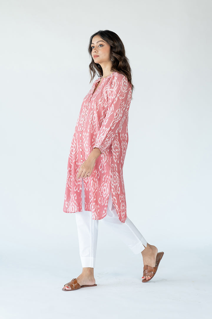 Cotton Ikat A Line Kurta - Pink