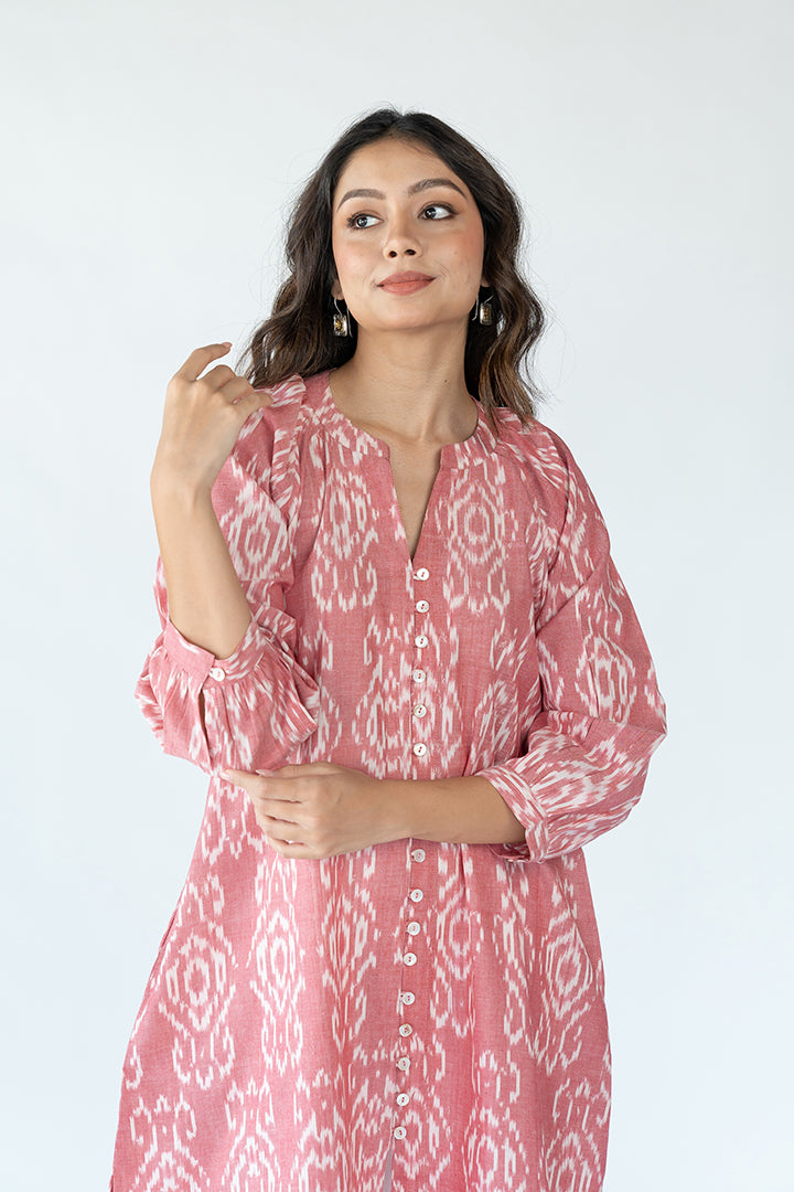 Cotton Ikat A Line Kurta - Pink