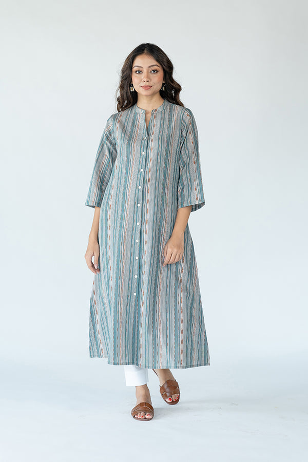 Cotton Ikat A Line Dress - Slate Blue