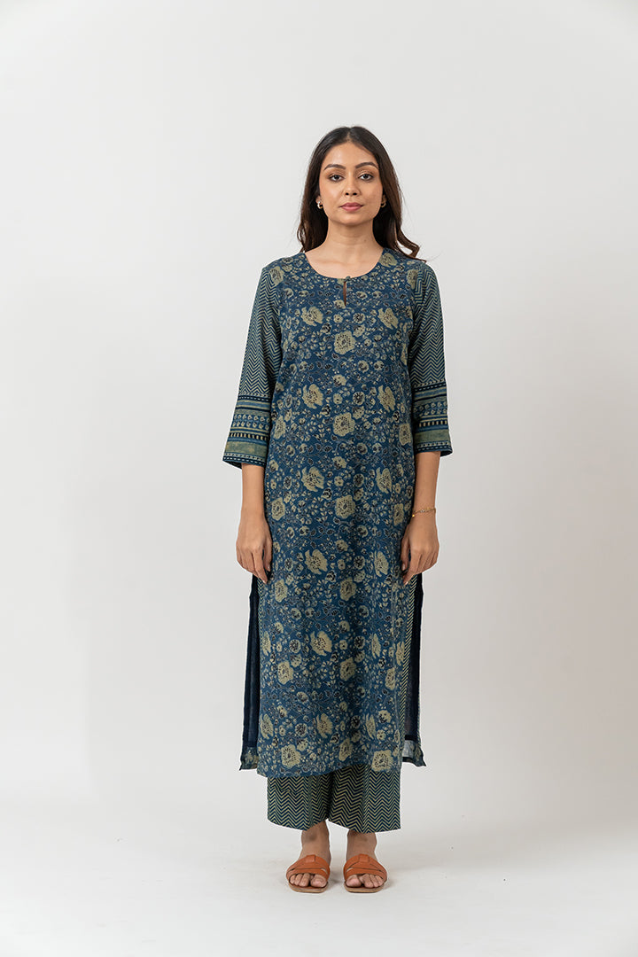 Ajrakh Mul Parallel With Draw String Waist Band - Blue