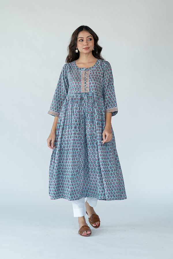 Cotton Hand Block Printed Dress- Slate Blue