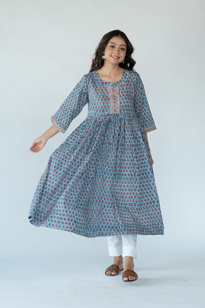 Cotton Hand Block Printed Dress- Slate Blue