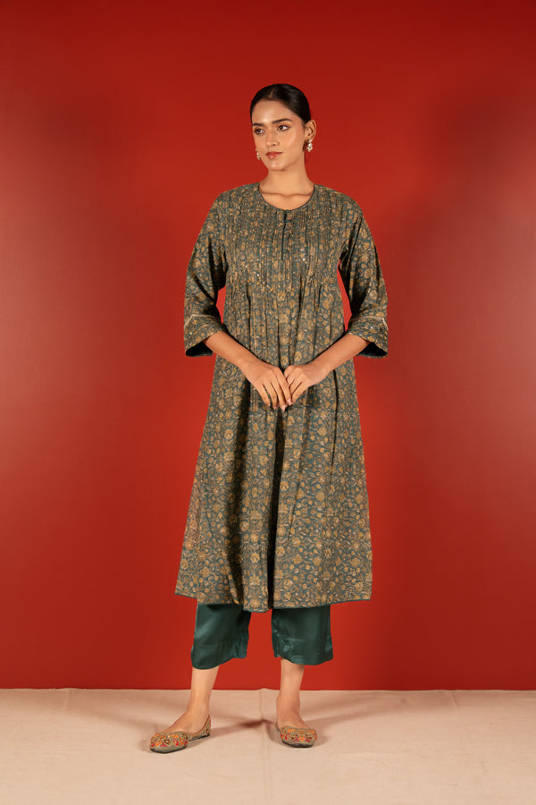Chanderi Hand Block Printed Embroidered Kurta - Green