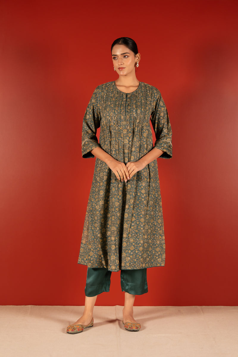 Chanderi Hand Block Printed Embroidered Kurta - Green