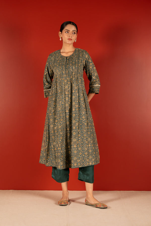 Chanderi Hand Block Printed Embroidered Kurta - Green