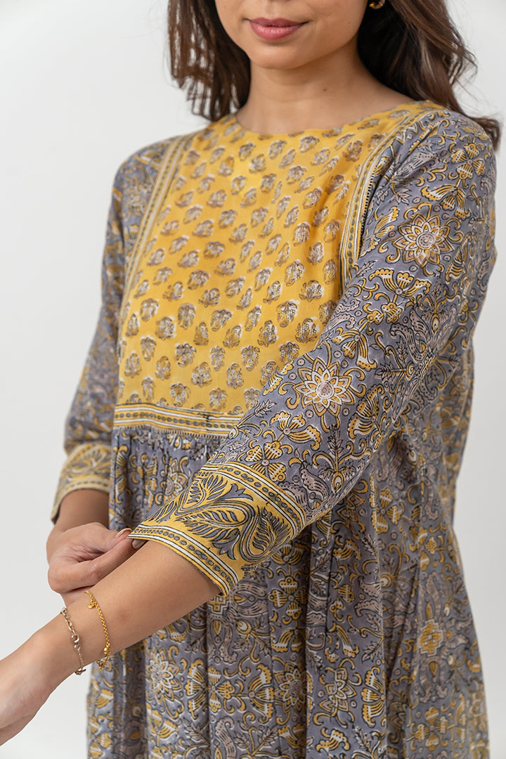 Cotton Hand Block Printed Kurta - Grey