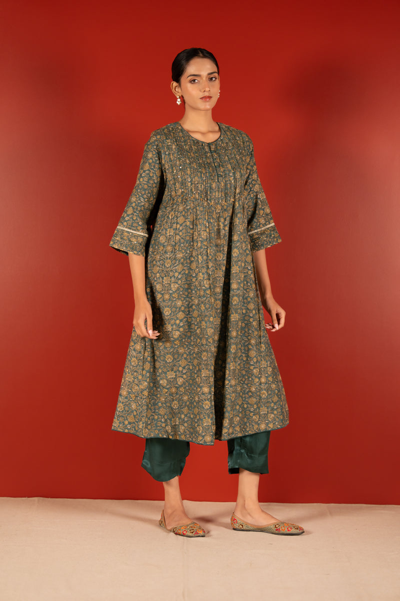 Chanderi Hand Block Printed Embroidered Kurta - Green
