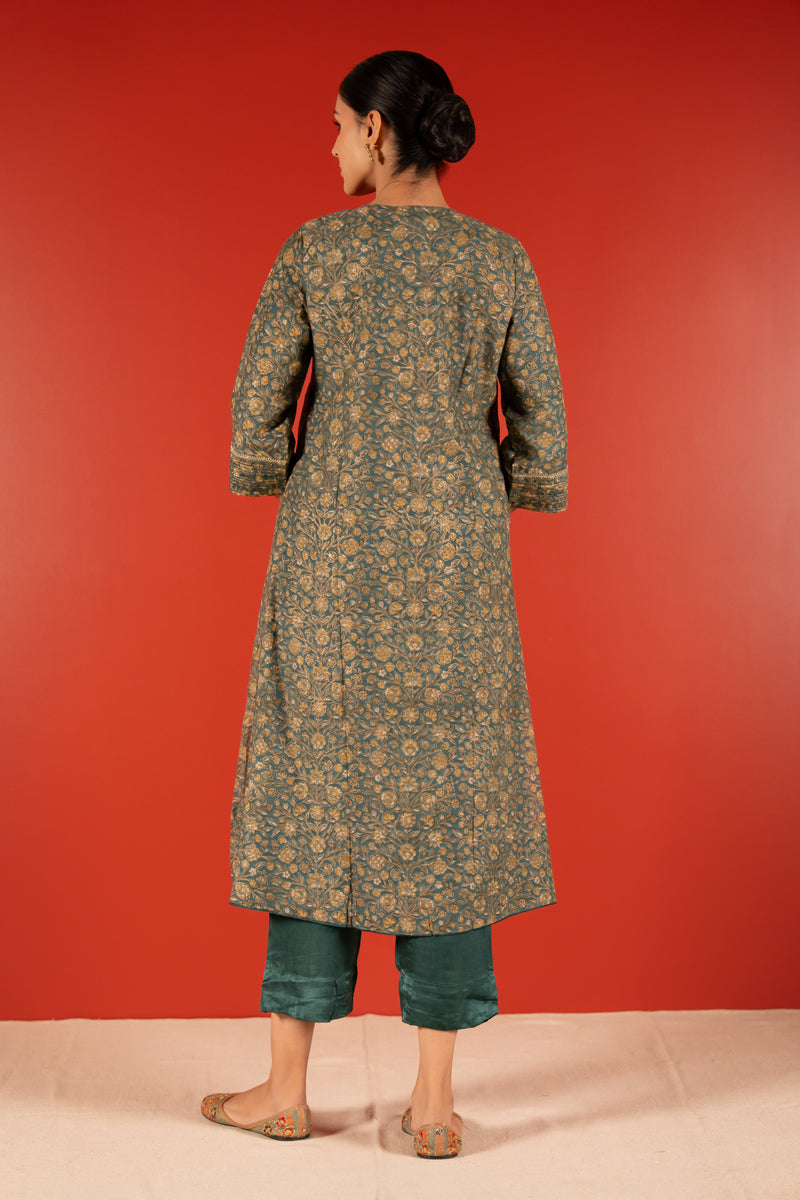 Chanderi Hand Block Printed Embroidered Kurta - Green