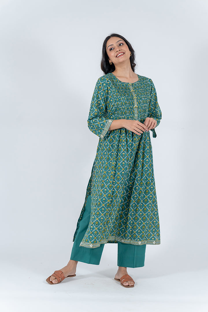 Cotton Hand Block Printed Kurta - Green