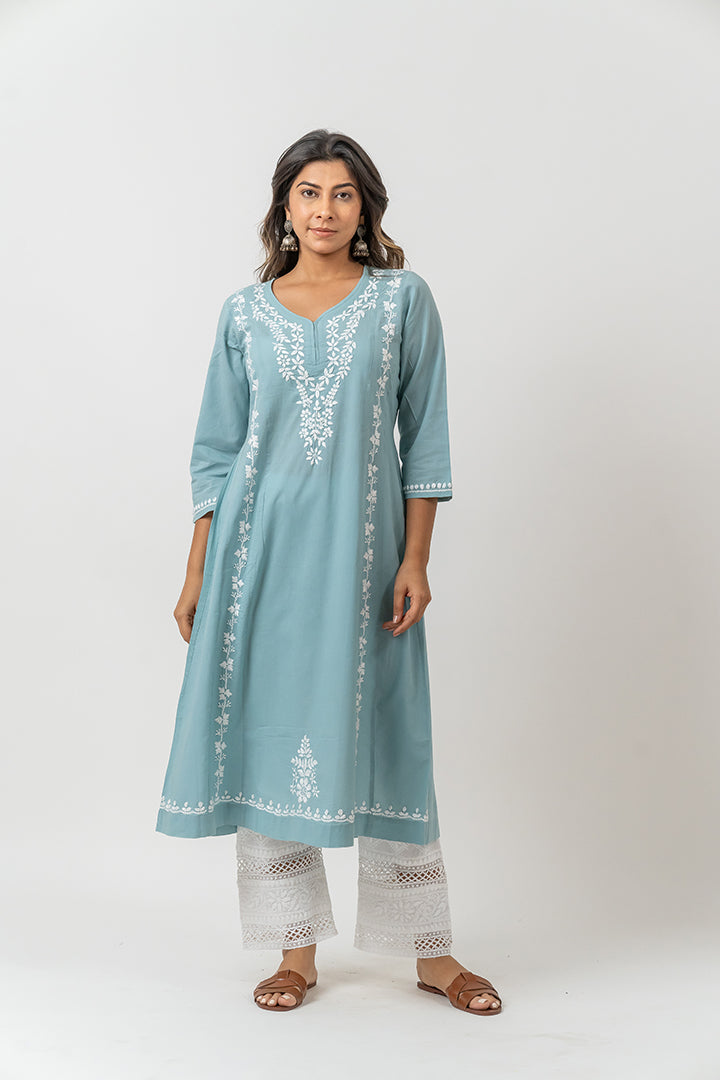 Cotton Chikankari A Line Kurta - Turquoise