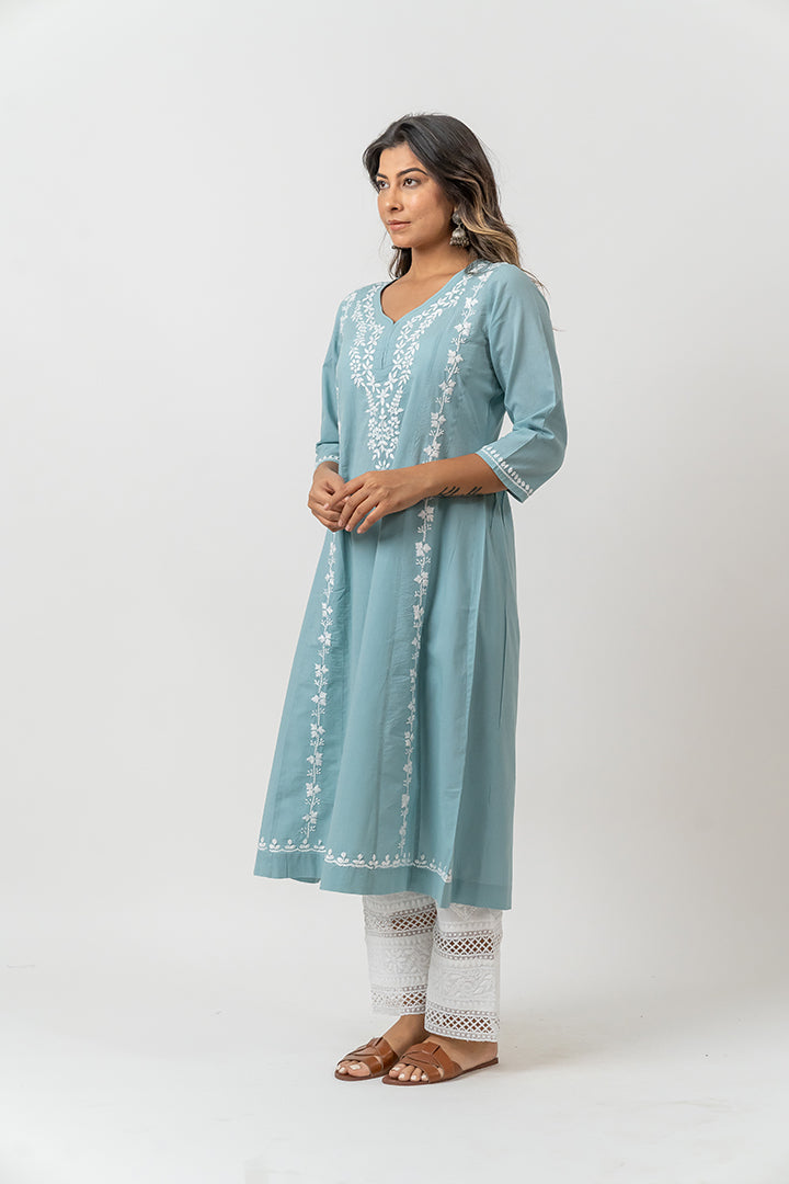 Cotton Chikankari A Line Kurta - Turquoise