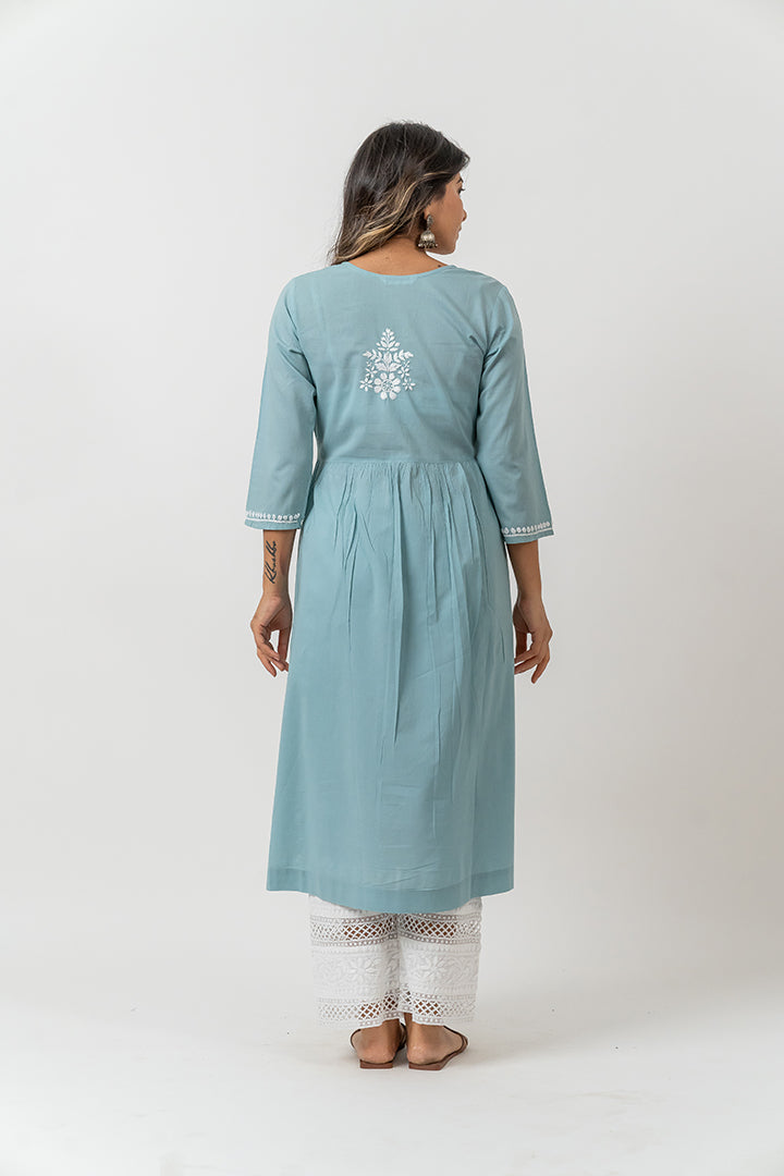 Cotton Chikankari A Line Kurta - Turquoise