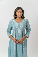 Cotton Chikankari A Line Kurta - Turquoise