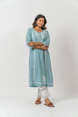 Cotton Chikankari A Line Kurta - Turquoise