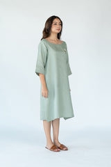 Linen Hand Embroidered Dress With Bead Work - Slate Blue