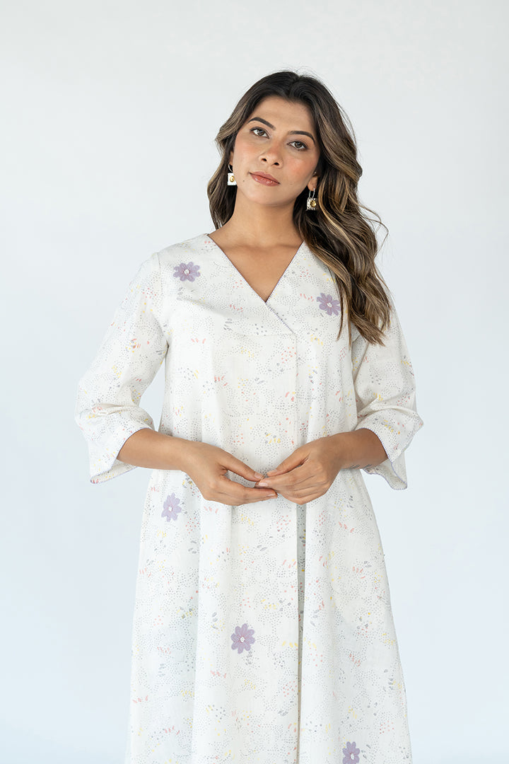 Cotton Hand Block Printed Dress- White