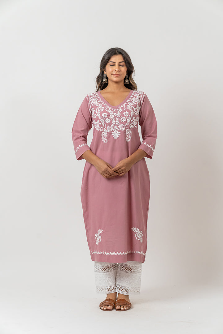 Cotton Chikankari A Line Kurta - Pink