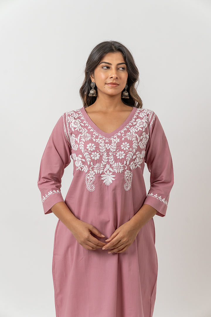 Cotton Chikankari A Line Kurta - Pink