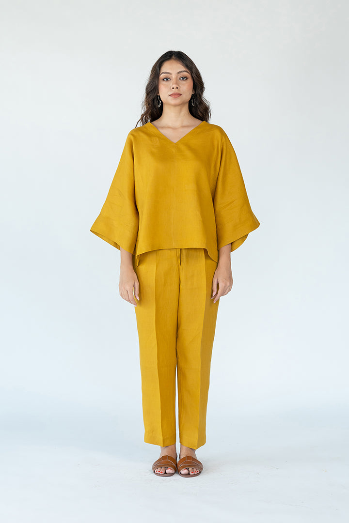 Linen Short Kaftan With Embroidered Details - Mustard Yellow