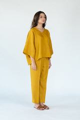 Linen Short Kaftan With Embroidered Details - Mustard Yellow