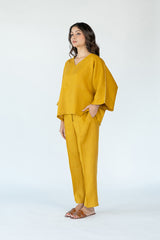 Linen Short Kaftan With Embroidered Details - Mustard Yellow