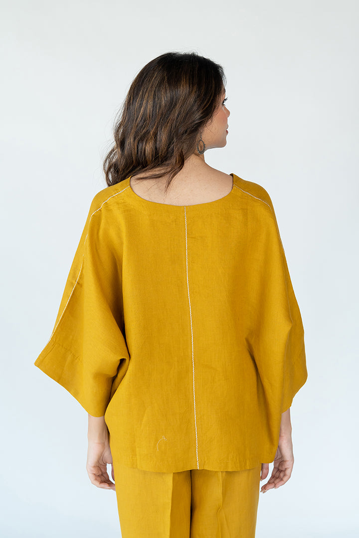 Linen Short Kaftan With Embroidered Details - Mustard Yellow