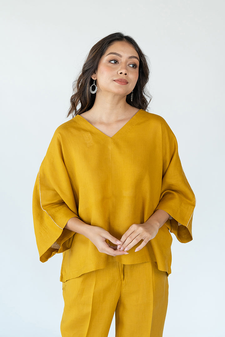 Linen Short Kaftan With Embroidered Details - Mustard Yellow